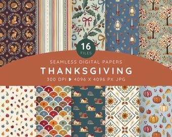 Thanksgiving Digital Paper Pack, Seamless Watercolor Fall Patterns, Grandmillennial Autumn Scrapbook, Whimsical Harvest Backgrounds