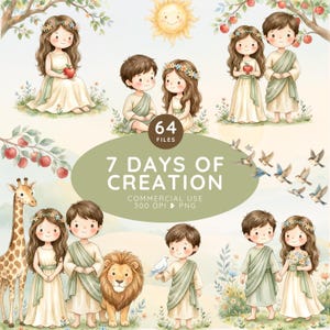 May include: A digital collection of 64 watercolour illustrations titled 7 DAYS OF CREATION. The set features children in light robes, a giraffe, a lion, birds, a sun, and apple trees. The text reads 7 DAYS OF CREATION, 64 FILES, COMMERCIAL USE, 300 DPI PNG.