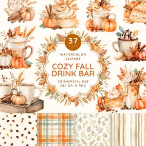 Peut inclure: Une collection numérique de 37 fichiers clipart à l'aquarelle présentant des éléments de bar à boissons d'automne, incluant des tasses de café, des citrouilles, de la cannelle, des pâtisseries et des feuilles, avec quatre motifs de café et carreaux.