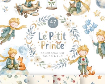 Little Prince Watercolor Clipart Set, Fairy Tale Decor, Fox Rose PNGs, Storybook Clip Art, Boy Nursery Wall Art, Le Petit Prince Graphics