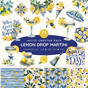 May include: A digital collection of 73 watercolour illustrations featuring lemons, blue and white patterned tiles, martini glasses, and text elements including When Life Gives You Lemons and Squeeze the Day, presented as a Lemon Drop Martini creator pack.