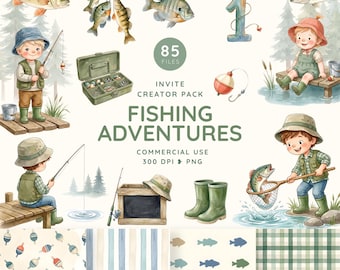 Little Fishing Adventures Clipart, Kids Fisherman Watercolor PNG, O-Fish-Ally Birthday Invite Creator, Gone Fishing Baby Shower Graphics