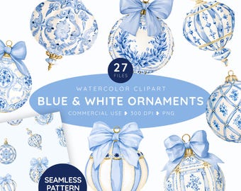 Imágenes prediseñadas de adornos azules y blancos, conjunto PNG de adornos navideños azules de Delft, decoración navideña de estilo chinoiserie en acuarela, patrón elegante sin costuras
