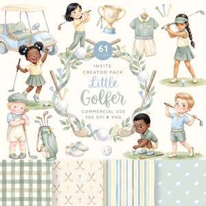 Puede incluir: Una colección digital de ilustraciones de golf con niños jugando, un carrito de golf, un trofeo, palos, pelotas, tees, zapatos y ropa. El texto central dice: 61 FILES INVITE CREATOR PACK Little Golfer COMMERCIAL USE 300 DPI PNG.