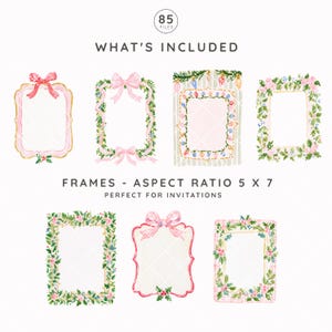 May include: A collection of seven rectangular frames with watercolor illustrations. The frames feature pink bows, green holly leaves, red berries, and colorful string lights. Text reads 85 FILES, WHAT'S INCLUDED, FRAMES - ASPECT RATIO 5 X 7, PERFECT FOR INVITATIONS.