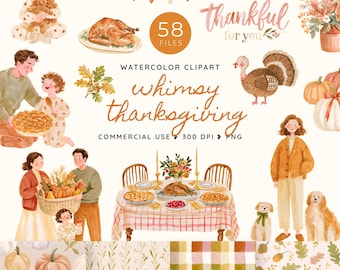 Whimsy Thanksgiving Clipart, Whimsical Family Harvest Watercolor PNG, Turkey Dinner, Pumpkins, Autumn Kids and Thankful Word Art