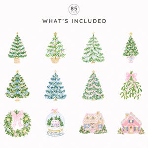 May include: A digital collection of 85 watercolor illustrations featuring various Christmas trees decorated with ornaments, a mistletoe sprig with a pink bow, a holiday wreath, a snow globe with a house, and two gingerbread houses with pink accents.