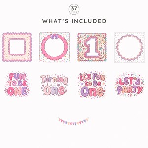 May include: A digital collection of 37 files featuring birthday-themed graphics in pink, purple, and blue. Elements include scalloped frames, a number one, and text phrases like FUN TO BE ONE, Turning One, it's Fun to Be One, LET'S PARTY, and a bunting banner.