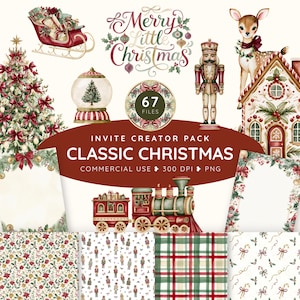 Op de afbeelding: Een digitale collectie van 67 kerst-thema aquarelillustraties inclusief een slee, notenkraker, hert, peperkoekhuisje, trein en patronenpapier. De tekst luidt Merry Little Christmas en Invite Creator Pack Classic Christmas.