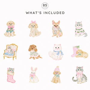 May include: A digital collection of 85 watercolor-style illustrations featuring various animals including dogs, cats, and a rabbit. The graphics depict pets wearing winter accessories like scarves, sweaters, and bows, with some animals inside stockings or chairs.