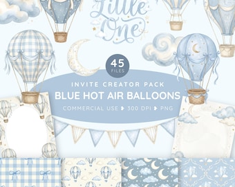 Blue Hot Air Balloon Clipart Creator Pack, Vintage Baby Boy Nursery PNG, Baby Shower Invitation Elements, Boho Balloon Art, Adventure Awaits