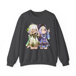 Sudadera con cuello redondo y gráfico de Nahida QiQi: suéter holgado de mezcla de algodón Dark Heather