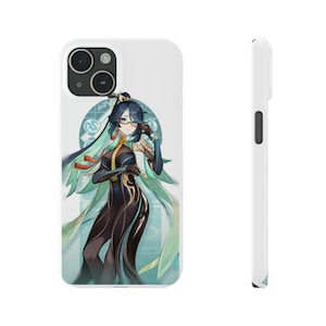 May include: A white phone case featuring a colourful anime character design. The character is a woman with long blue hair, wearing a green and black outfit. She is holding a fan in her right hand and has a serious expression on her face.