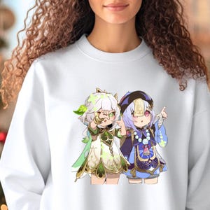 Sudadera con cuello redondo y gráfico de Nahida QiQi: suéter holgado de mezcla de algodón White
