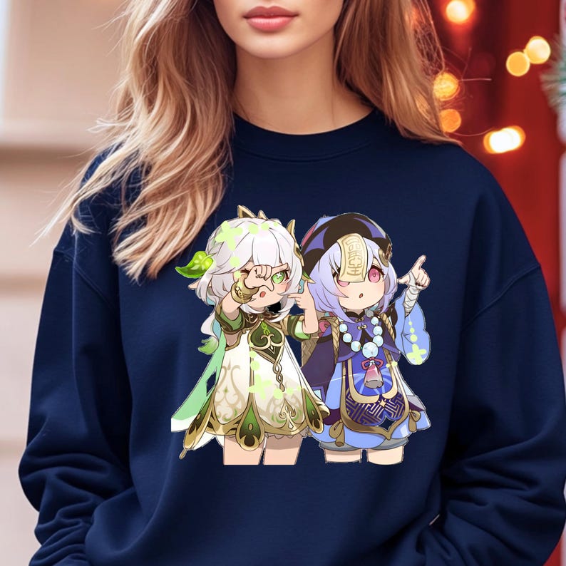 Sudadera con cuello redondo y gráfico de Nahida QiQi: suéter holgado de mezcla de algodón Navy