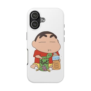 May include: White phone case featuring a cartoon character in a red shirt and yellow shorts, holding a snack and a juice bottle. The case has a dual-camera cutout and black side buttons.