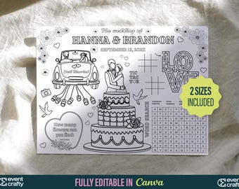 Gepersonaliseerde bruiloft kleurplaat placemat canvassjabloon, kinderreceptie activiteit, afdrukbare bruiloft kleurplaat, canvas sjabloon bruiloft