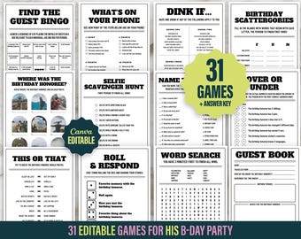 Men's Birthday Games Printable Bundle: 31 Party Games (5x7", Editable)