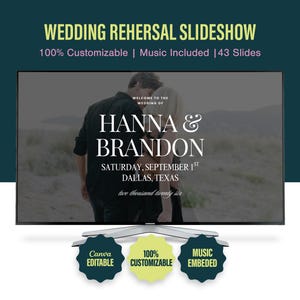 Könnte beinhalten: Eine digitale Diashow-Vorlage für die Hochzeitsprobe, die auf einem Bildschirm angezeigt wird. Die Diashow zeigt die Namen "Hanna & Brandon", das Hochzeitsdatum und den Ort. Zusätzlicher Text lautet "100% anpassbar", "Musik enthalten" und "43 Folien".