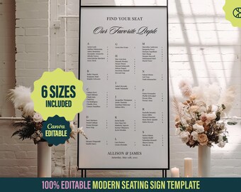 Printable Wedding Seating Chart Template: 6 Sizes Wedding Name Placing Sign, Canva Wedding Template, Elegant Seating Chart Printable