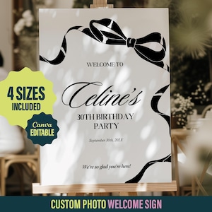 Black Bow Birthday Welcome Poster Template, Custom Black Ribbon Welcome Sign, Bow Bridal Shower Sign, Black Bow Welcome Birthday Display