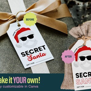 Printable Secret Santa Gift Tag, Custom Santa Hat Spy Glasses Gift Tag ...