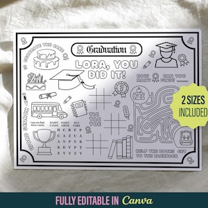 May include: A black and white printable graduation activity sheet featuring a graduation cap, a school bus, a cake, a maze, a tic-tac-toe game, and a word search. The text on the sheet reads "Graduation Lora, You Did It!" and "2 Sizes Included".