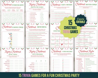 May include: A set of 15 printable Christmas trivia games. The games are designed to be played at a Christmas party. The games include a variety of topics, such as Christmas carols, movies, and facts. The games are editable and can be customized to fit your needs.