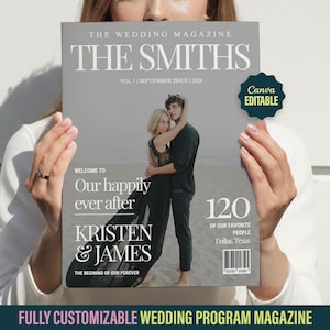 May include: A magazine cover titled "The Smiths" featuring a couple embracing on a beach. The cover includes the text "Our happily ever after" and "Kristen & James." A green badge reads "Canva Editable." The magazine is held by a person.