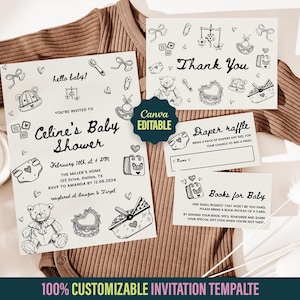 Whimsical Baby Shower Invitation Template Canva, Doodle Gender Neutral Baby Shower Invite, Hand Drawn Baby Shower Invite Bundle