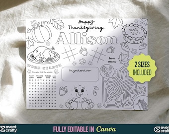 May include: A black and white printable Thanksgiving activity sheet with a word search, a maze, and a fill-in-the-blank section. The sheet is personalized with the name "Allison".