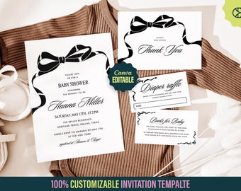 Könnte beinhalten: Druckbare Babyparty-Einladungsvorlage mit einem schwarz-weißen Schleifendesign. Die Einladung enthält den Text "Bitte nehmen Sie an einer Babyparty zu Ehren der werdenden Mutter Hanna Miller teil. Samstag, 12. Mai, um 14:00 Uhr. The Miller Residence, Heritage Trace, Dallas, Texas. Bitte melden Sie sich bis zum 7. Mai bei Amanda unter 123-456-7890 an. Registriert bei Amazon & Target."
