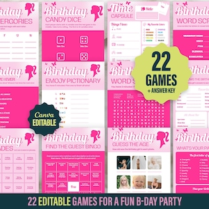 Pacote de jogos de aniversário para meninas: Festa Rosa, 22 jogos para imprimir (download digital)
