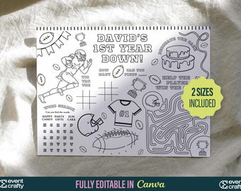 First Year Down Football Coloring Page: Birthday Party Placemat (Digital Download)