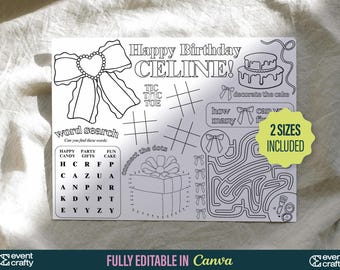 Bow Birthday Coloring Placemat: Personalized Kids Party Activity (Digital Download)