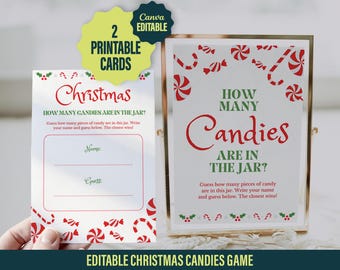 How Many Candies Christmas Party Kids Game Afdrukbaar, volledig bewerkbaar Hoeveel snoepjes zitten er in de pot Kersteditie