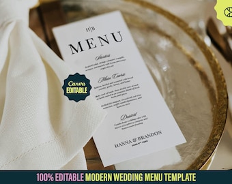 Plantilla Canva para menú de boda clásico de la vieja aristocracia, menú de cena moderno, minimalista, editable e imprimible, menú de boda de lujo imprimible