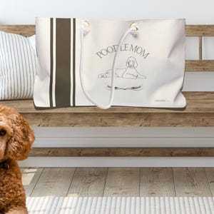 Poodle Mom Tote Bag - Beige and Blue Farmhouse - Stripe Design Weekender Market Tote Bag- Customizable Dog Breeds