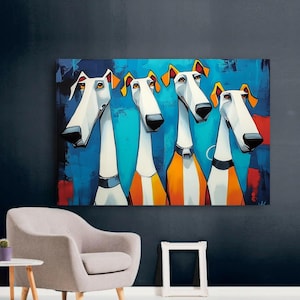 Whimsical Dog Art - Matte Poster Print - White and Blue Dogs - Dog Art - Decor - Dog Lover Gift -Greyhound - Saluki - Borzoi - Whippet