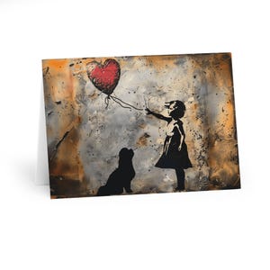 Lot de 6 - Cartes de voeux fille et ballon artiste de rue imprimées à la main - Mat - Cartes beaux-arts - 5 x 7 - Vierge à l'intérieur