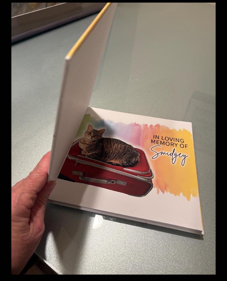 Diario per la perdita di un animale domestico, regalo commemorativo per gatti, libro con acquerelli a tema Ponte dell'Arcobaleno, opzione foto personalizzata immagine 3