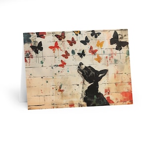 Lot de 6 - Cartes de voeux street art chien et papillon imprimées à la main - Mat - Cartes beaux-arts - Intérieur vierge - 5 x 7