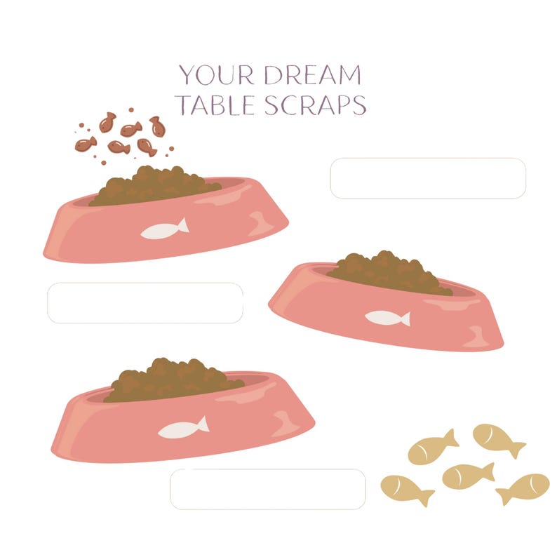Pu&ograve; includere: Illustrazione di tre ciotole rosa con cibo marrone al loro interno. Le ciotole hanno un'icona di pesce bianco sul davanti. Il testo "YOUR DREAM TABLE SCRAPS" &egrave; in cima all'immagine. Ci sono anche diversi piccoli pesci marroni sparsi intorno alle ciotole.