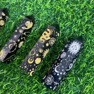 Black Obsidian Hexagonal Pillar, Raw Stone Sandblasted Patterned Crystal Pillar, Energy Crystal Pillar