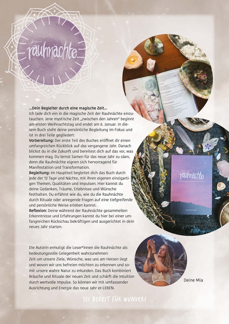 May include: A book cover with a white background and the text "rauhmachte" in a stylized font. The book is titled "Dein Begleiter durch eine magische Zeit" and features a woman holding a book with a white background and the text "rauhmachte" in a stylized font. The book is titled "Dein Begleiter durch eine magische Zeit".