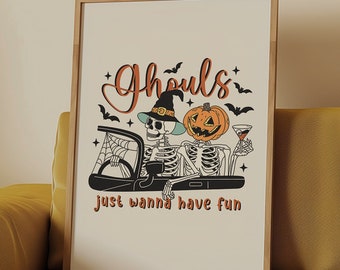 Retro Halloween Print, Skeleton Ghouls Art (Digital Download)