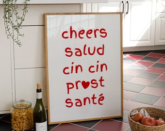 Cheers In Different Languages Print, Modern Kitchen Decor (Digital Download)
