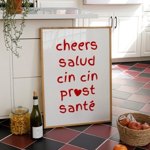 Proost print, barwagen kunst aan de muur, gejuich in verschillende talen poster, schattig keukendecor, proost salud print, moderne barwagen afdrukbare kunst