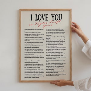Póster con la letra de I Love You de Taylor Swiftie, Taylor Valentines, impresiones artísticas para el dormitorio de una chica, regalo de San Valentín para Swiftie, DESCARGA DIGITAL