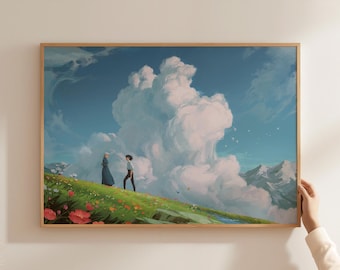 Könnte beinhalten: Ein digitales Gemälde, das zwei Figuren zeigt, die auf einem grasbewachsenen Hügel mit einer großen weißen Wolke im Hintergrund gehen. Der Himmel ist blau und in der Ferne sind Berge zu sehen.